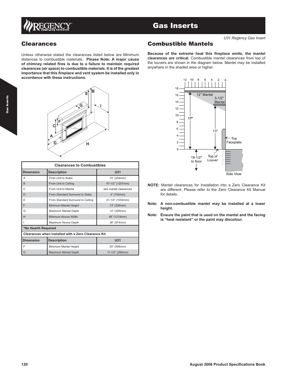 Gas inserts, Clearances, Combustible mantels | Regency U31-LP2 User Manual | Page 2 / 2