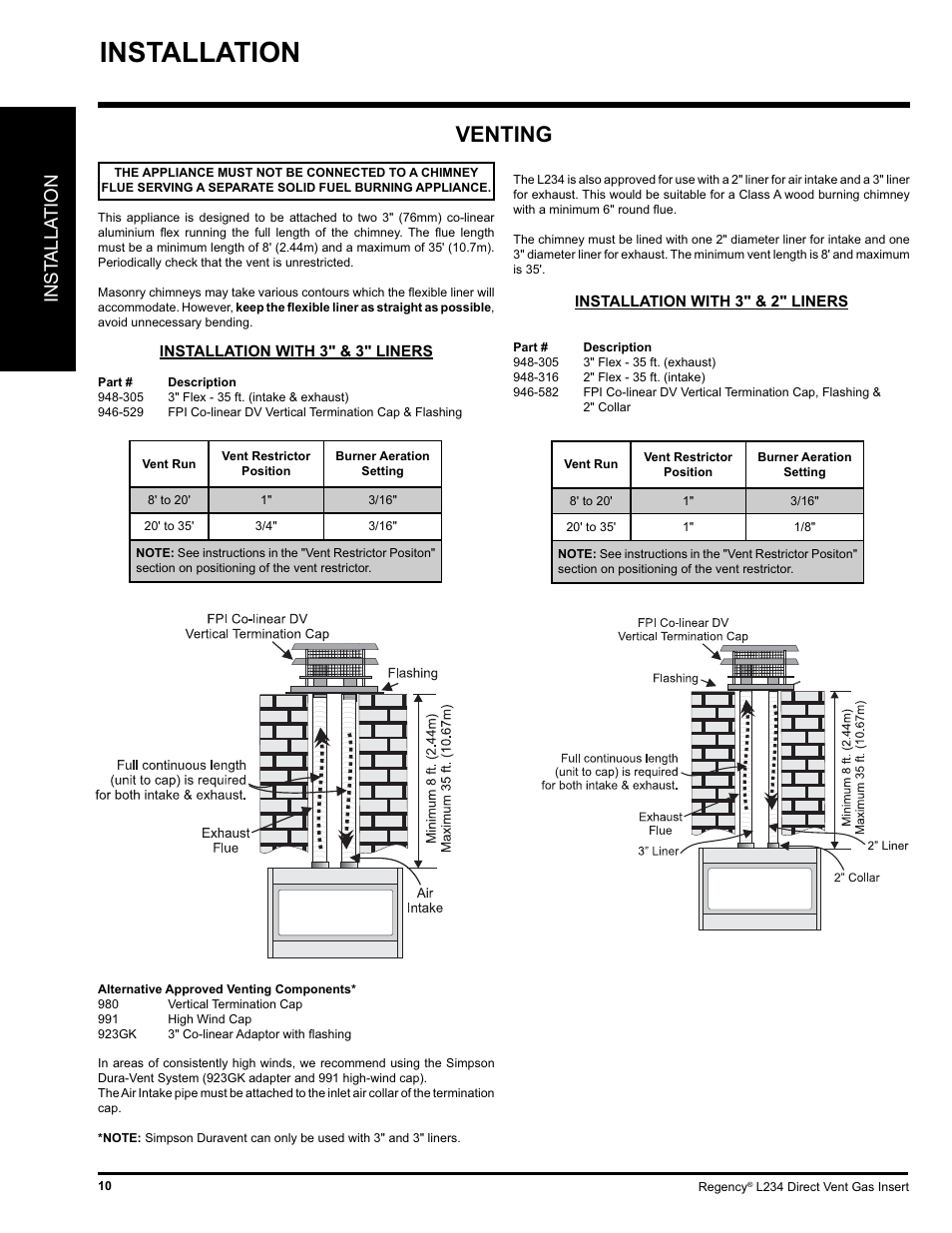 Installation, Venting, Inst alla tion | Regency L234-NG User Manual | Page 10 / 40