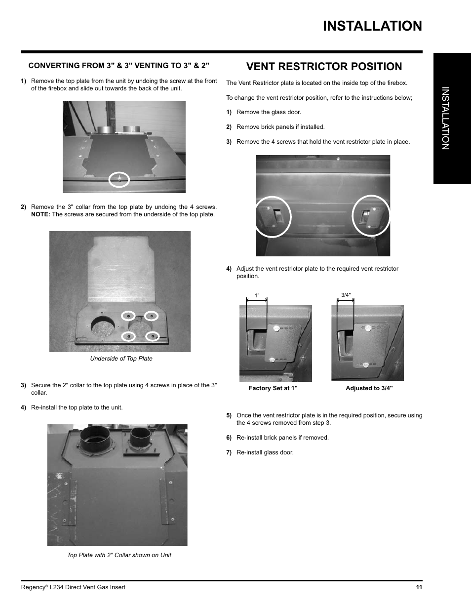 Installation, Vent restrictor position, Inst alla tion | Regency L234-NG User Manual | Page 11 / 40