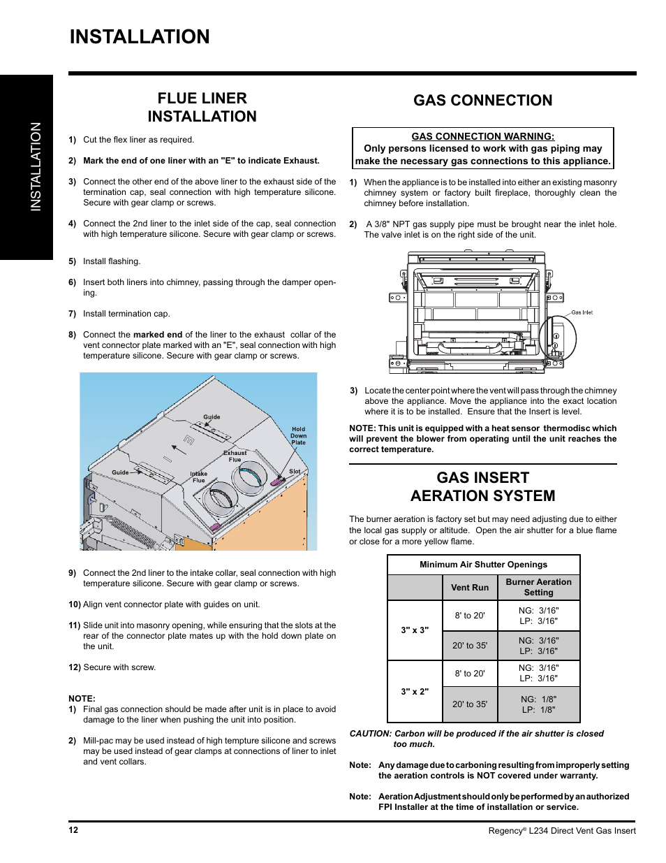 Installation, Gas insert aeration system, Gas connection | Flue liner installation, Inst alla tion | Regency L234-NG User Manual | Page 12 / 40