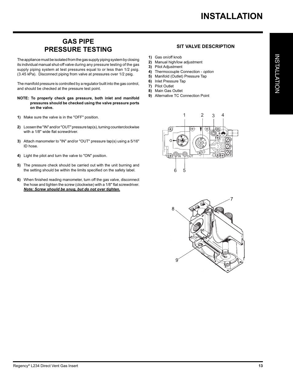 Installation, Gas pipe pressure testing, Inst alla tion | Regency L234-NG User Manual | Page 13 / 40