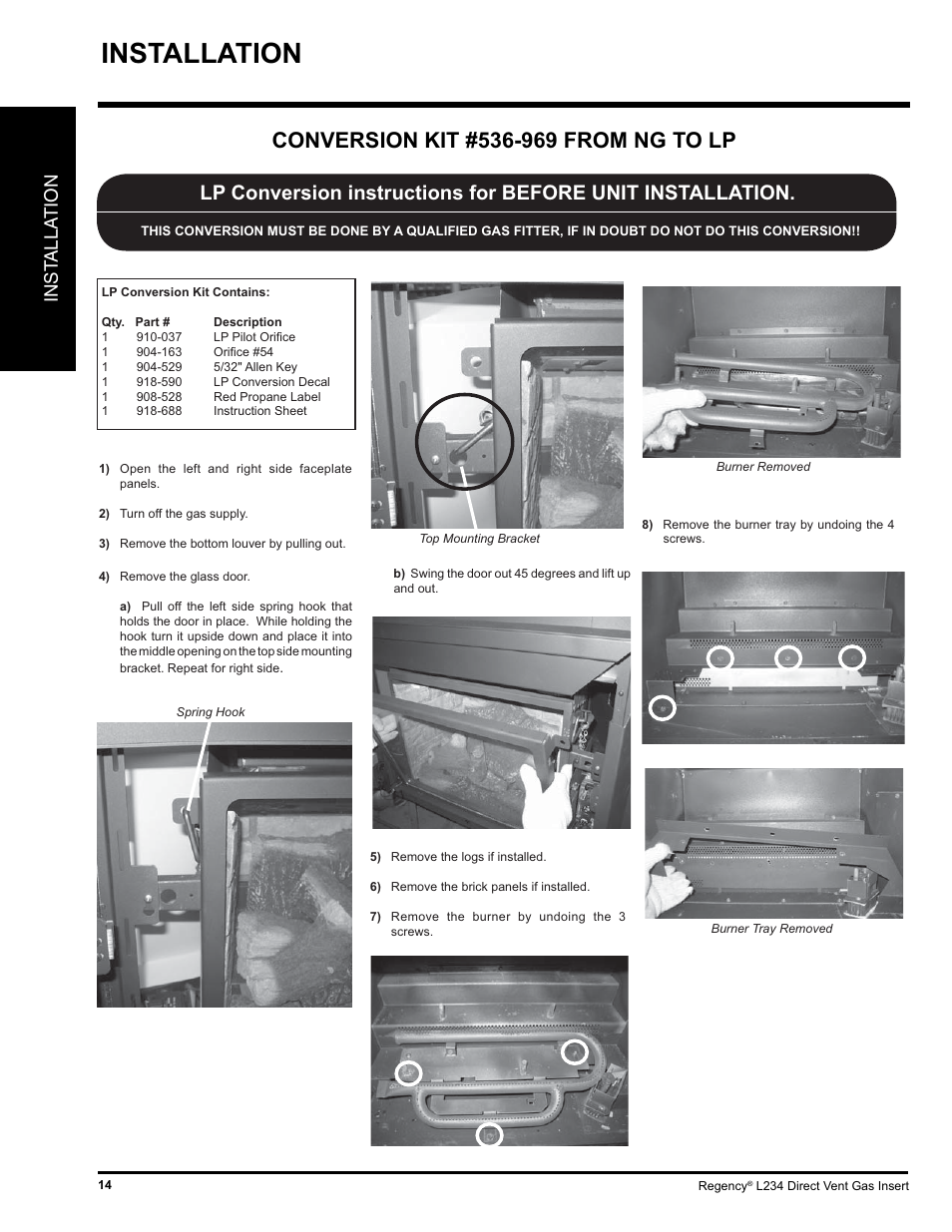 Installation, Inst alla tion | Regency L234-NG User Manual | Page 14 / 40