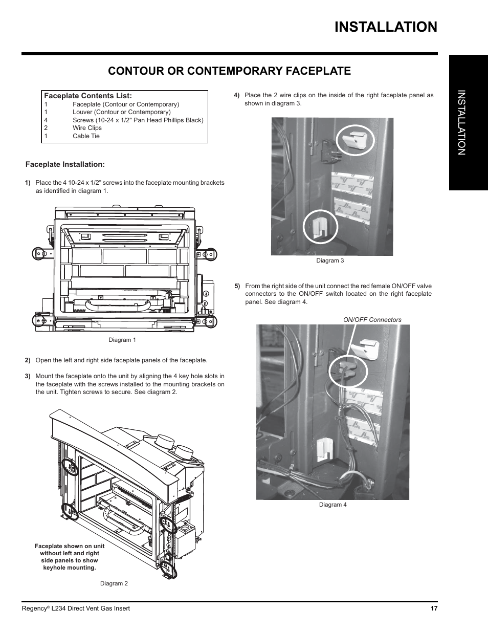 Installation, Contour or contemporary faceplate, Inst alla tion | Regency L234-NG User Manual | Page 17 / 40