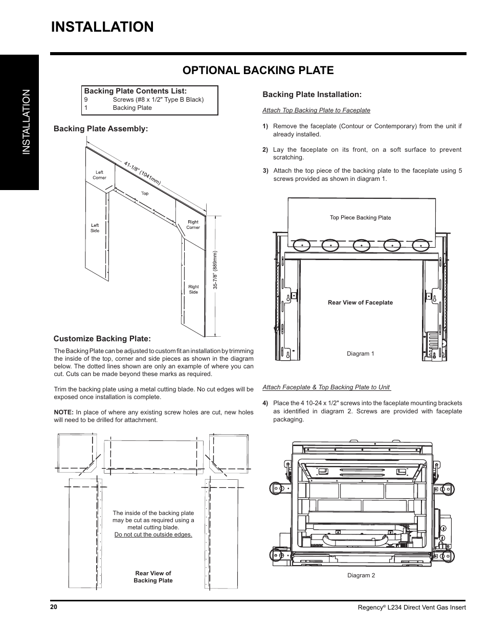 Installation, Optional backing plate, Inst alla tion | Regency L234-NG User Manual | Page 20 / 40