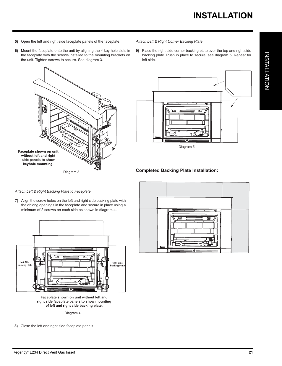 Installation, Inst alla tion | Regency L234-NG User Manual | Page 21 / 40