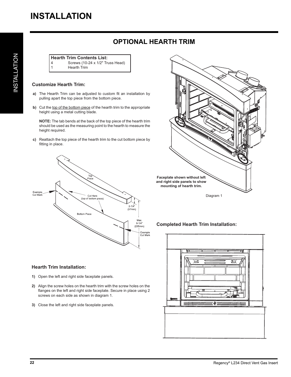 Installation, Optional hearth trim, Inst alla tion | Regency L234-NG User Manual | Page 22 / 40