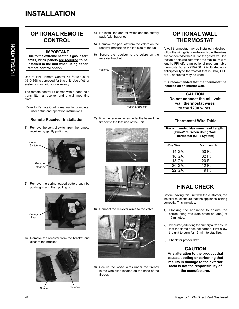Installation, Optional remote control optional wall thermostat, Final check | Inst alla tion, Caution | Regency L234-NG User Manual | Page 28 / 40