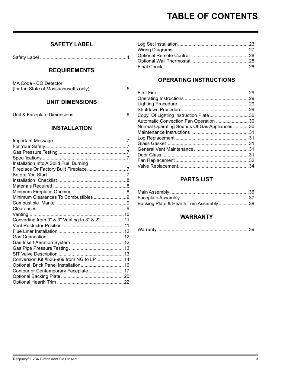 Regency L234-NG User Manual | Page 3 / 40