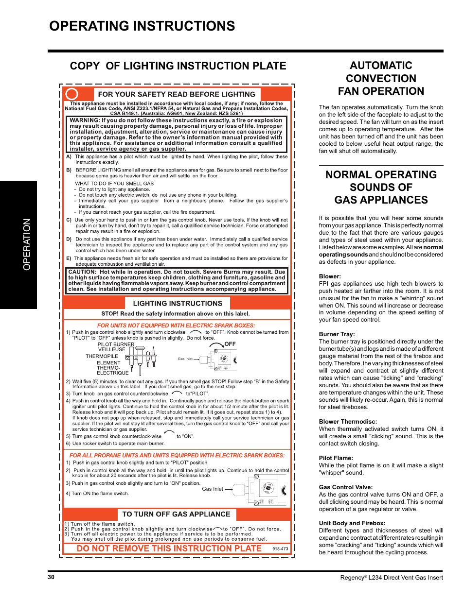 Operating instructions, Normal operating sounds of gas appliances | Regency L234-NG User Manual | Page 30 / 40