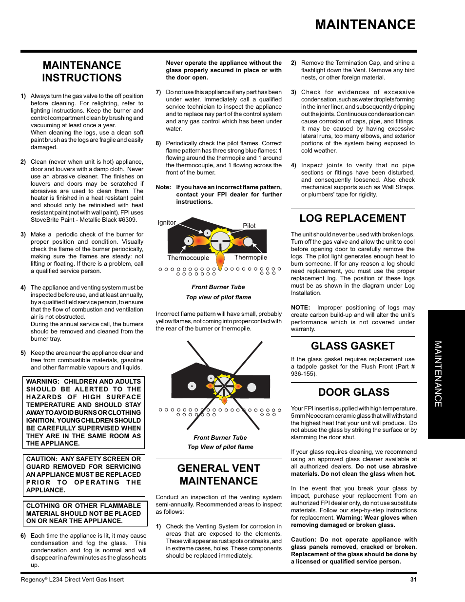 Log replacement, Glass gasket, Maintenance instructions | Door glass, General vent maintenance, Maintenance | Regency L234-NG User Manual | Page 31 / 40