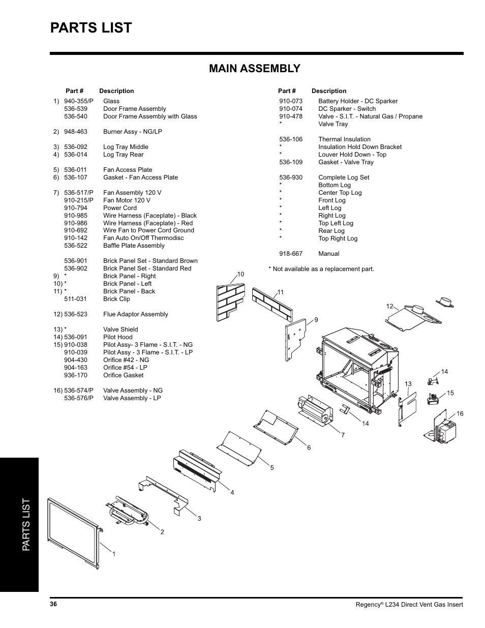 Parts list, Main assembly, Pa r ts list | Regency L234-NG User Manual | Page 36 / 40