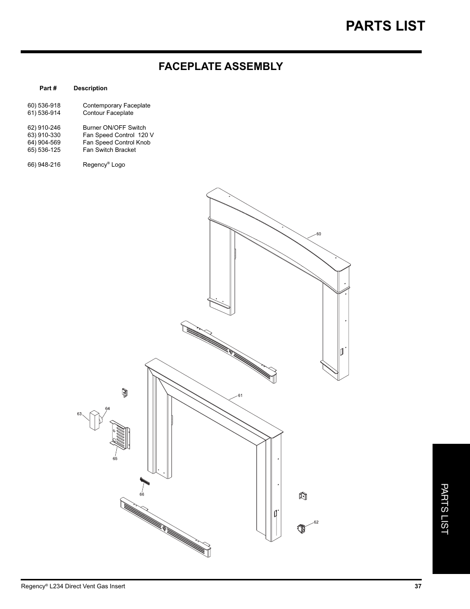 Parts list, Faceplate assembly, Pa r ts list | Regency L234-NG User Manual | Page 37 / 40