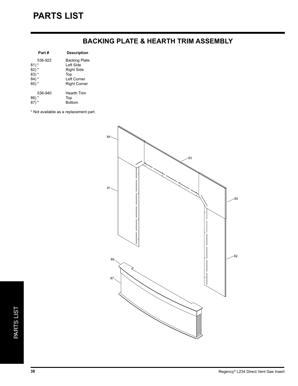 Parts list, Backing plate & hearth trim assembly, Pa r ts list | Regency L234-NG User Manual | Page 38 / 40