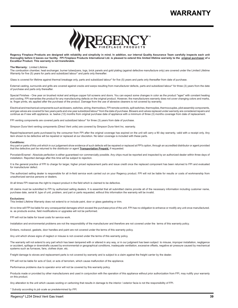 Warranty | Regency L234-NG User Manual | Page 39 / 40