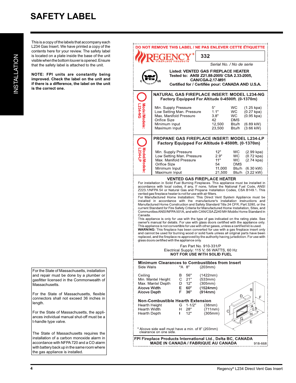 Safety label, Inst alla tion | Regency L234-NG User Manual | Page 4 / 40