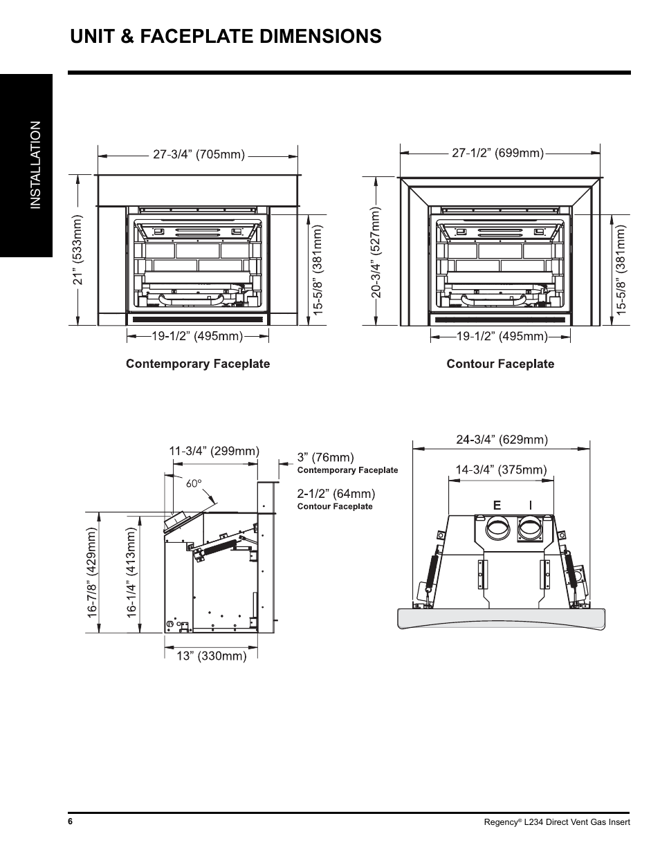 Unit & faceplate dimensions | Regency L234-NG User Manual | Page 6 / 40