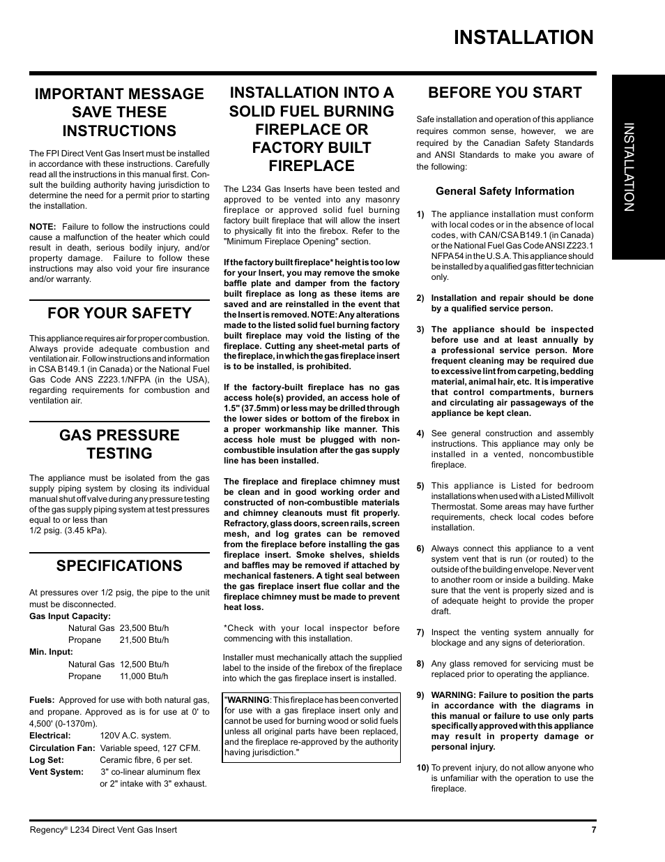 Installation, Important message save these instructions, For your safety | Gas pressure testing, Specifications, Before you start, Inst alla tion | Regency L234-NG User Manual | Page 7 / 40
