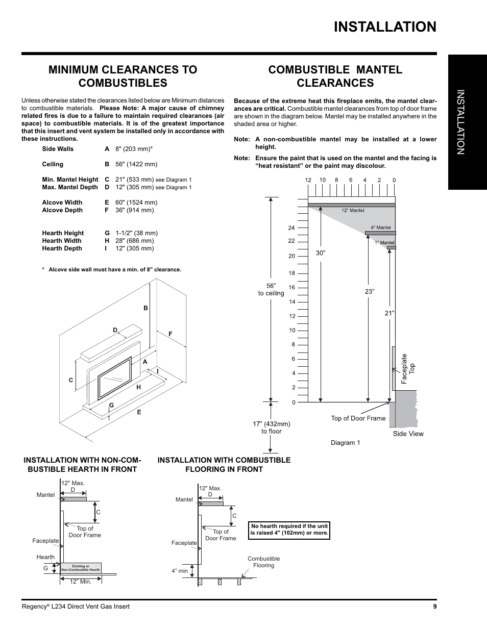 Installation, Minimum clearances to combustibles, Combustible mantel clearances | Inst alla tion | Regency L234-NG User Manual | Page 9 / 40