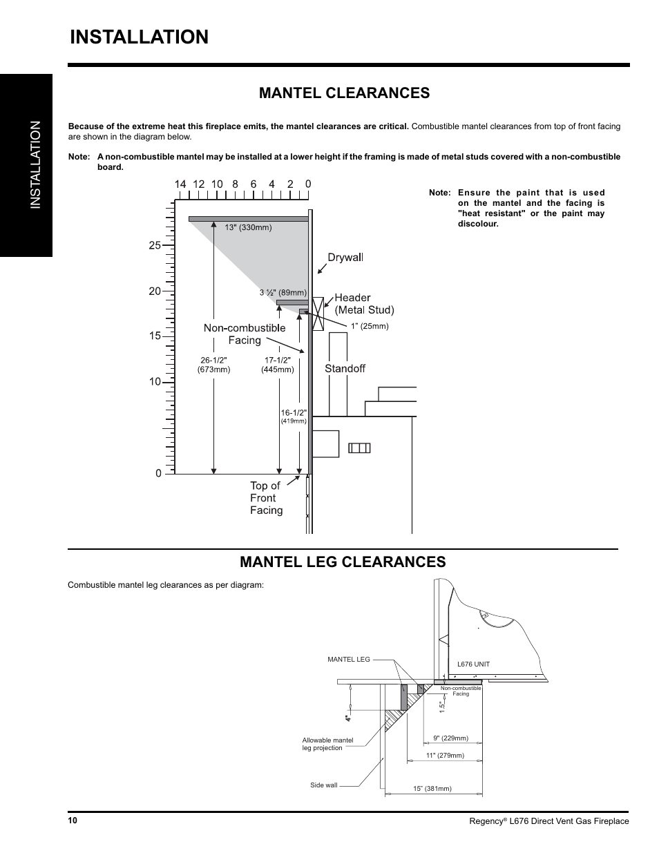 Installation, Mantel clearances, Mantel leg clearances | Inst alla tion | Regency Liberty L676 User Manual | Page 10 / 56