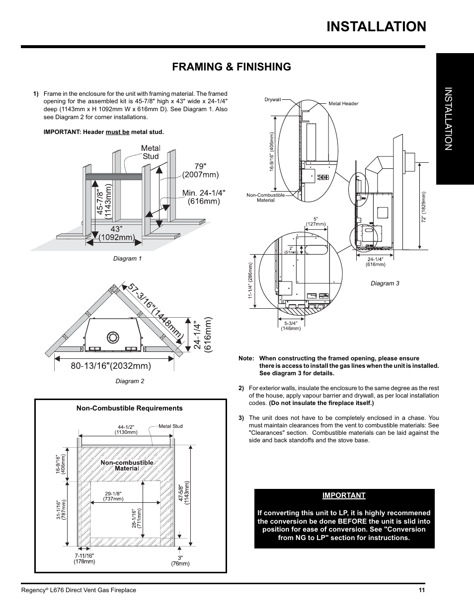 Installation, Framing & finishing, Inst alla tion | Regency Liberty L676 User Manual | Page 11 / 56