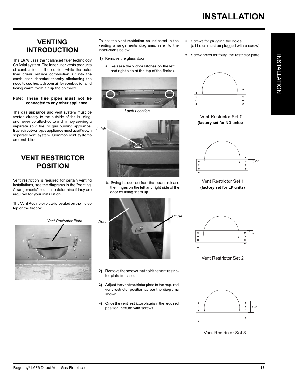 Installation, Vent restrictor position, Venting introduction | Inst alla tion | Regency Liberty L676 User Manual | Page 13 / 56