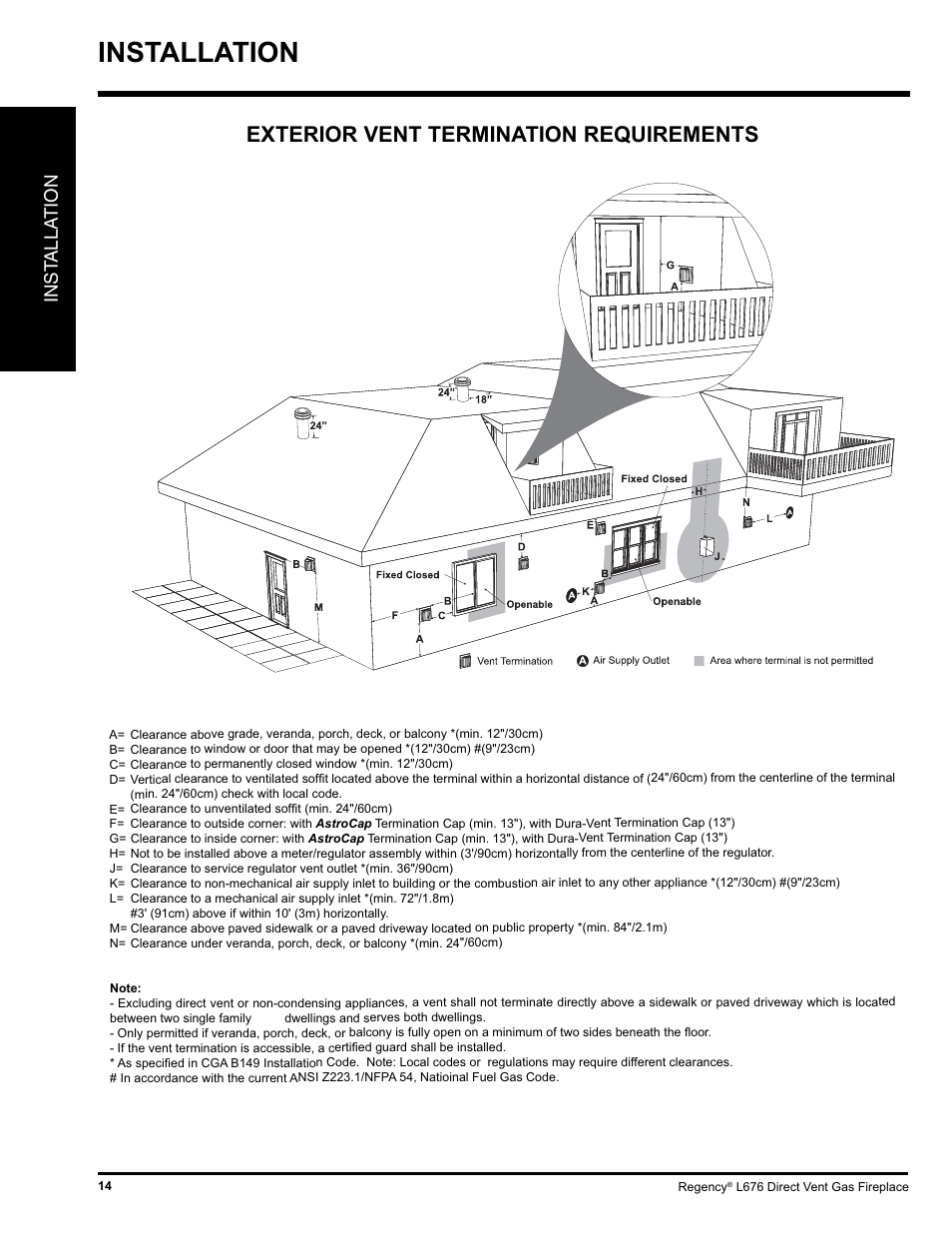 Installation, Exterior vent termination requirements, Inst alla tion | Regency Liberty L676 User Manual | Page 14 / 56