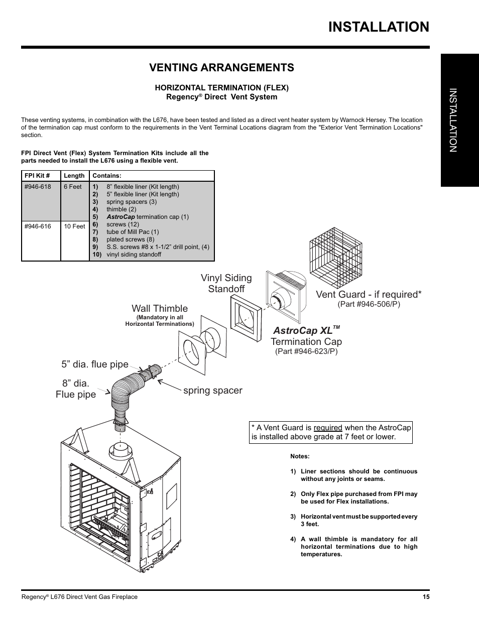 Installation, Venting arrangements, Vent guard - if required | Wall thimble, Vinyl siding standoff, Inst alla tion | Regency Liberty L676 User Manual | Page 15 / 56