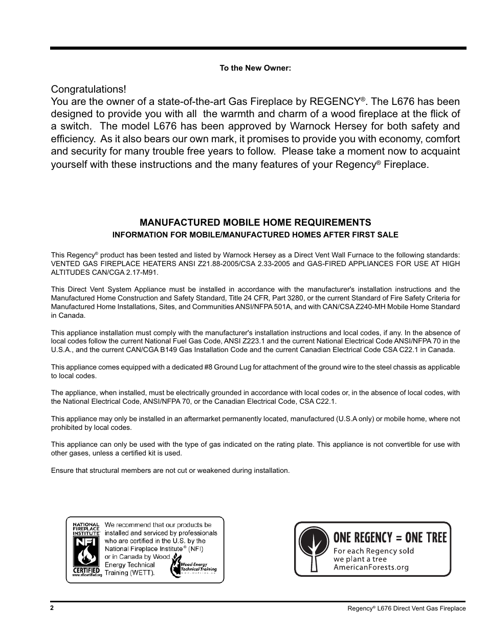 Fireplace, Manufactured mobile home requirements | Regency Liberty L676 User Manual | Page 2 / 56