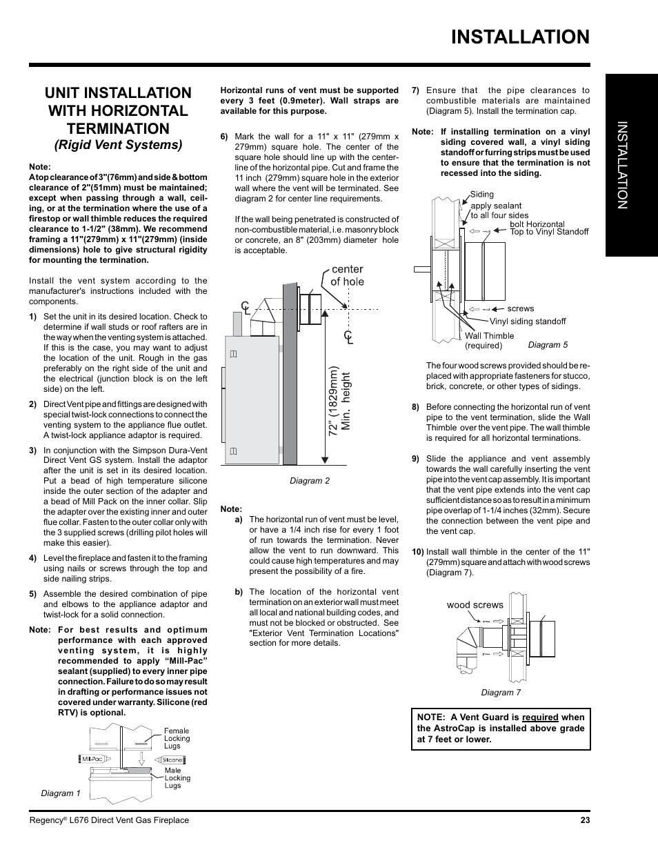 Installation, Unit installation with horizontal termination, Inst alla tion | Rigid vent systems) | Regency Liberty L676 User Manual | Page 23 / 56