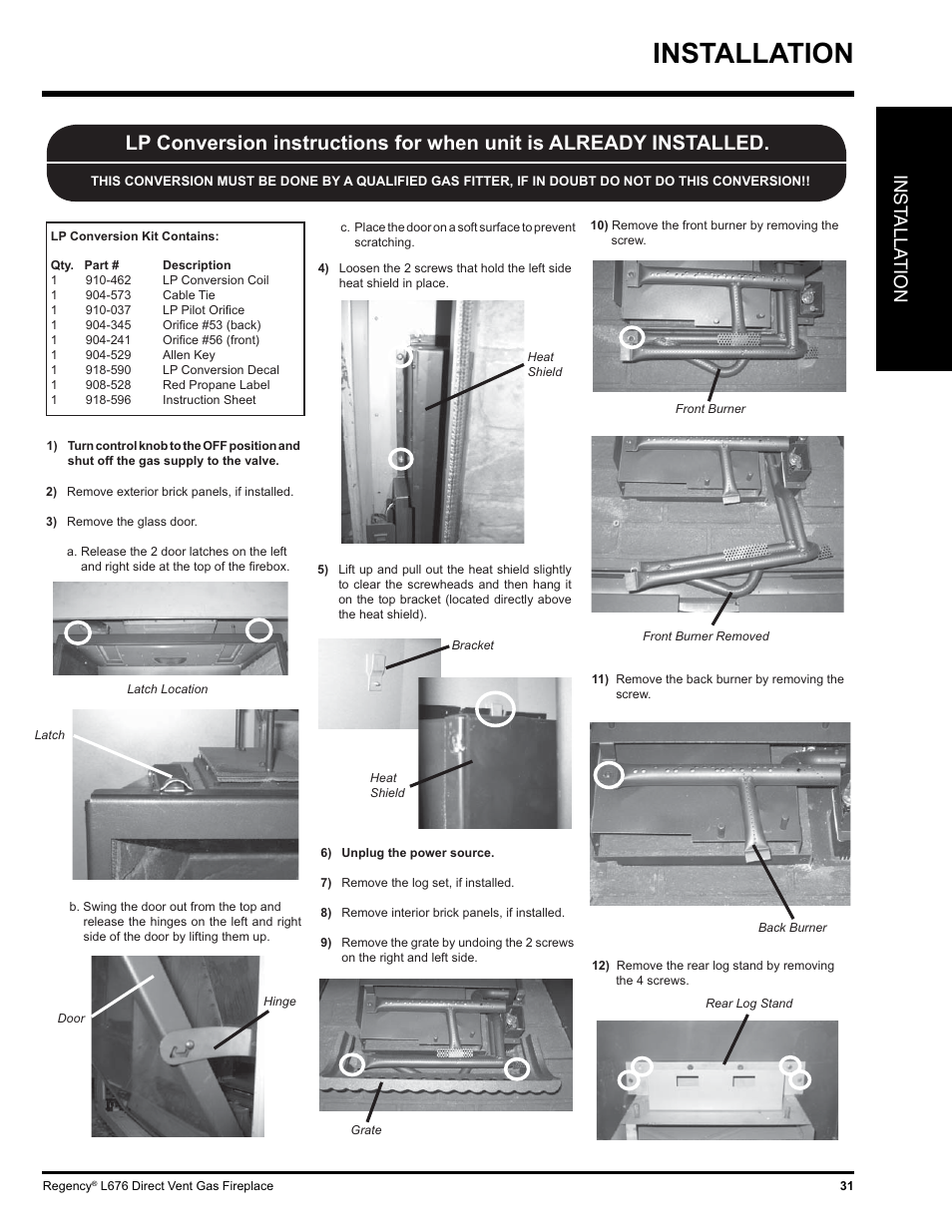 Installation, Inst alla tion | Regency Liberty L676 User Manual | Page 31 / 56