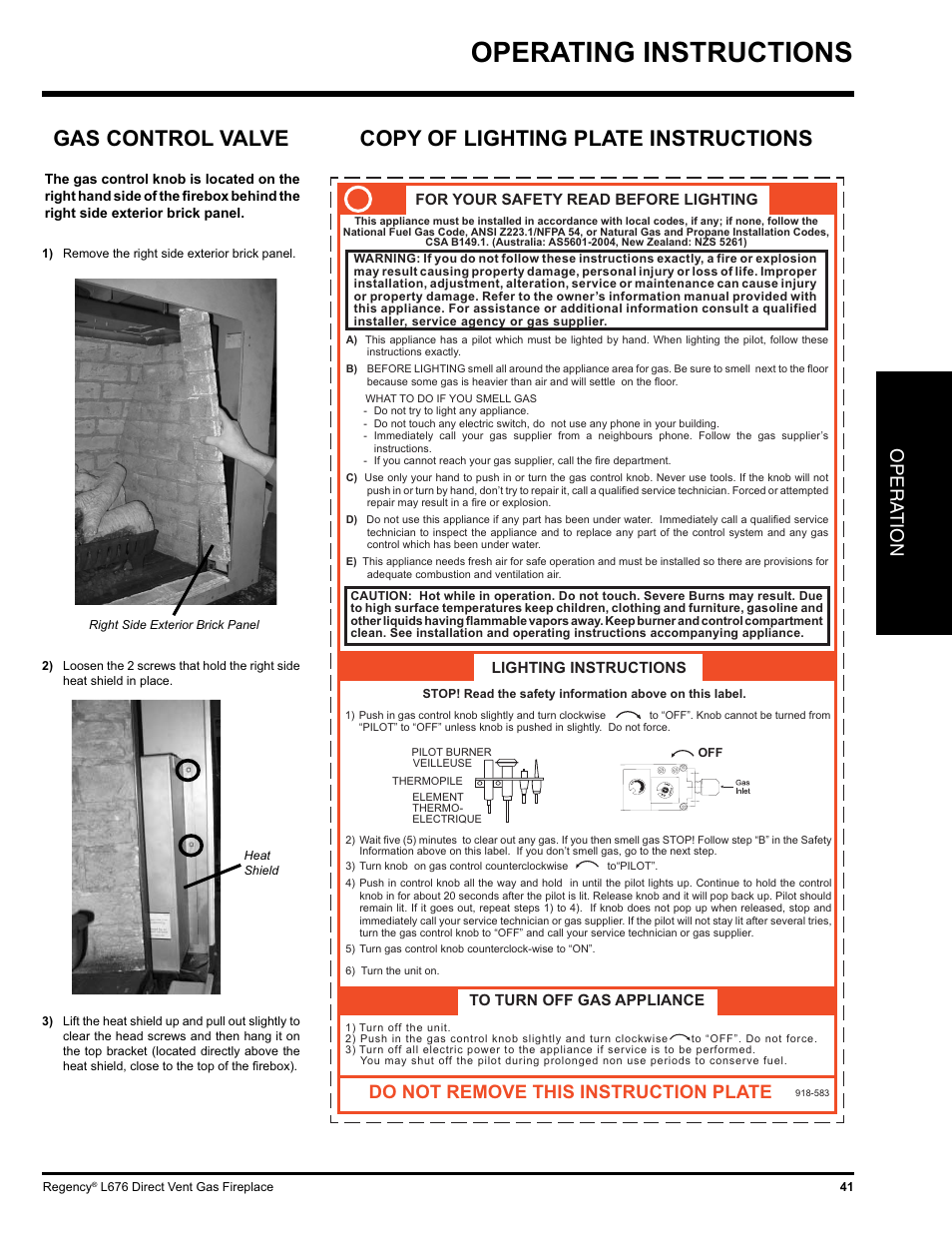 Operating instructions, Copy of lighting plate instructions, Gas control valve | Opera tion, Do not remove this instruction plate | Regency Liberty L676 User Manual | Page 41 / 56