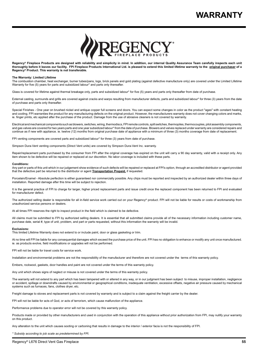 Warranty | Regency Liberty L676 User Manual | Page 55 / 56