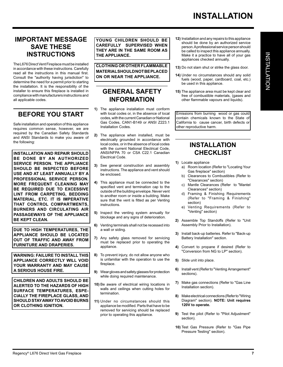 Installation, Installation checklist, Important message save these instructions | Before you start, General safety information, Inst alla tion | Regency Liberty L676 User Manual | Page 7 / 56