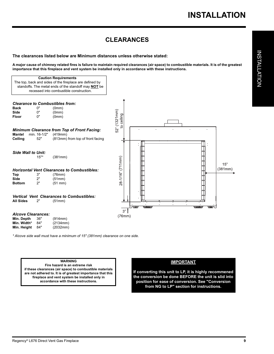 Installation, Clearances, Inst alla tion | Regency Liberty L676 User Manual | Page 9 / 56