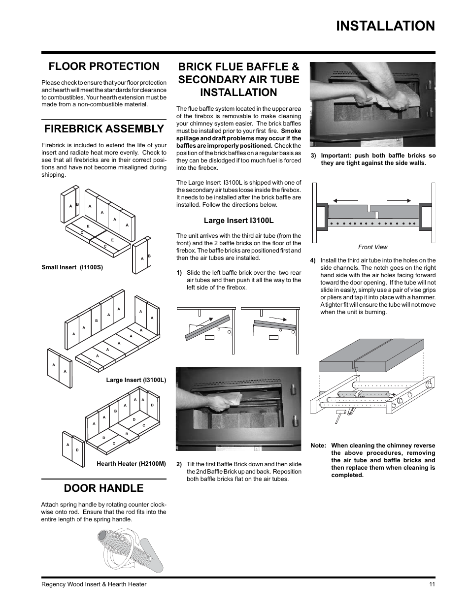 Installation, Floor protection, Firebrick assembly | Door handle | Regency I3100L User Manual | Page 11 / 20