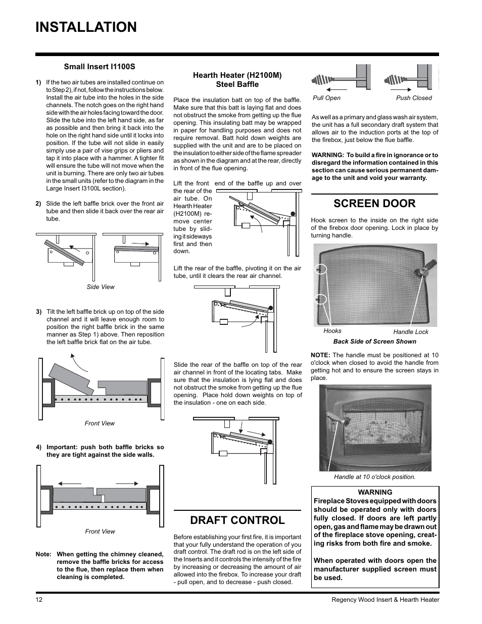 Installation, Draft control, Screen door | Regency I3100L User Manual | Page 12 / 20