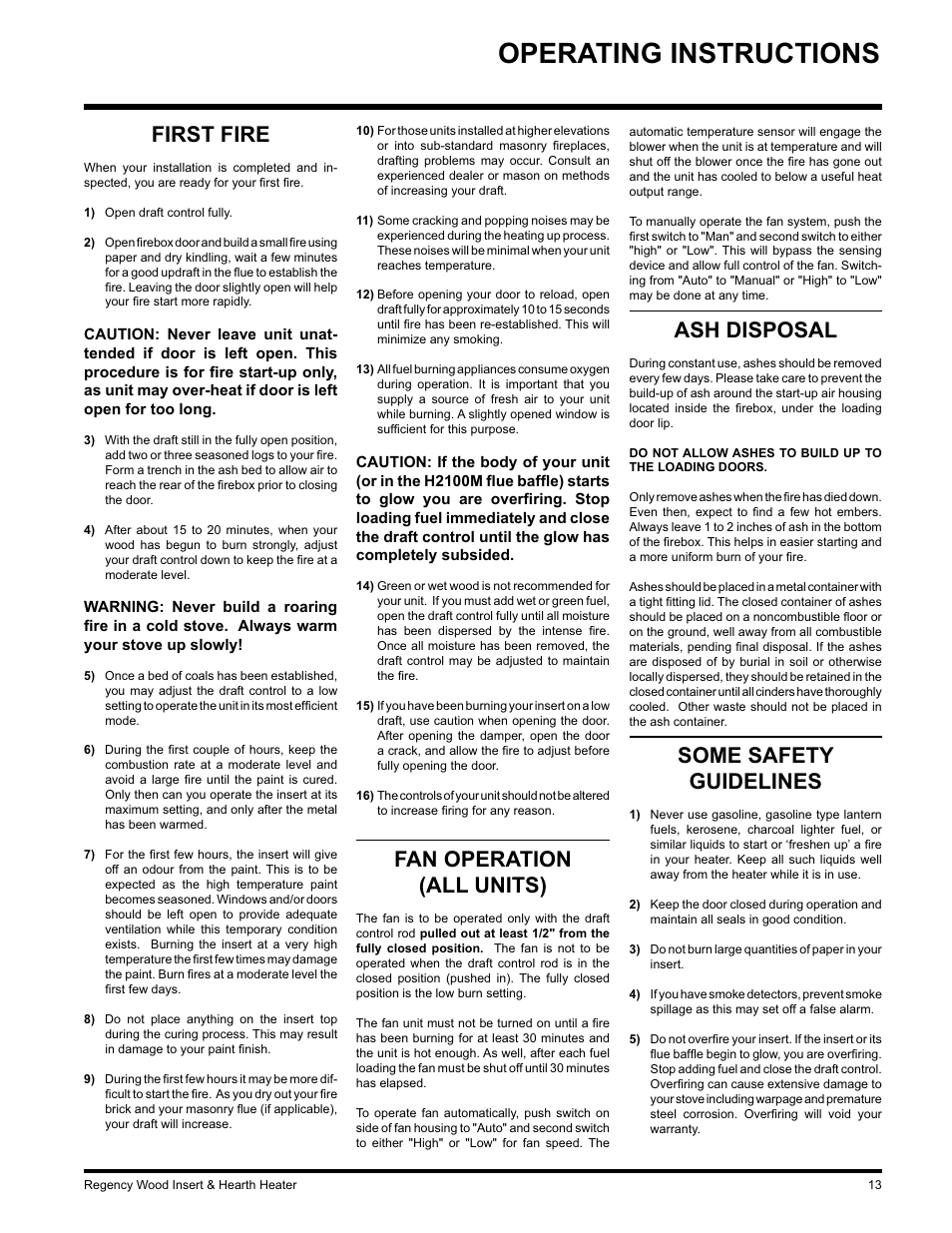 Operating instructions, Ash disposal, Some safety guidelines | First fire, Fan operation (all units) | Regency I3100L User Manual | Page 13 / 20