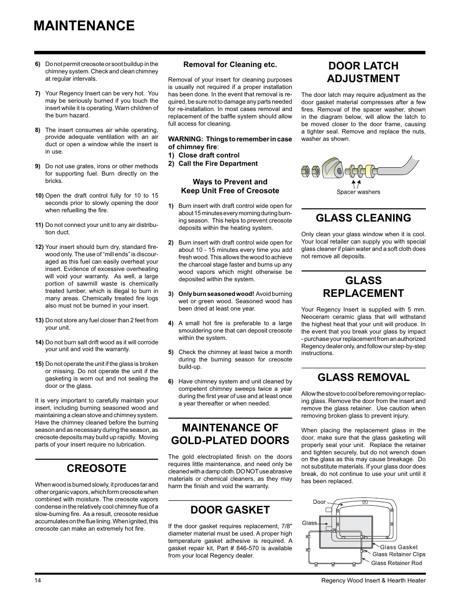 Maintenance, Creosote, Maintenance of gold-plated doors | Door gasket, Door latch adjustment, Glass cleaning, Glass replacement, Glass removal | Regency I3100L User Manual | Page 14 / 20