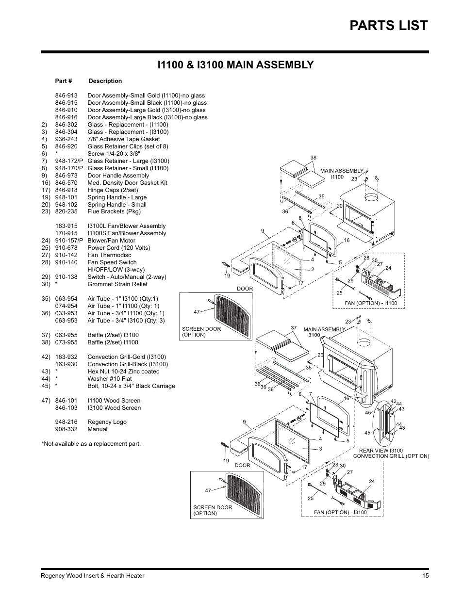 Parts list | Regency I3100L User Manual | Page 15 / 20