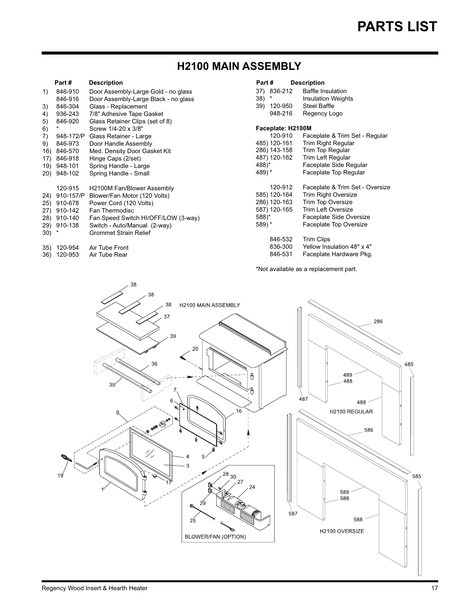 Parts list, H2100 main assembly | Regency I3100L User Manual | Page 17 / 20