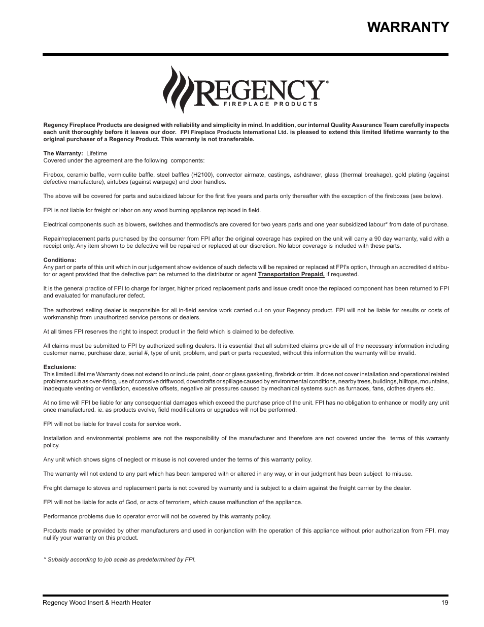 Warranty | Regency I3100L User Manual | Page 19 / 20