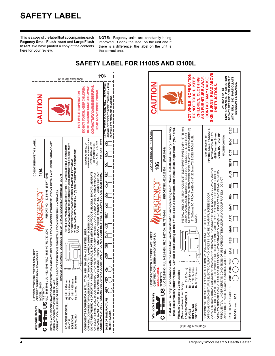 Safety label, Caution | Regency I3100L User Manual | Page 4 / 20