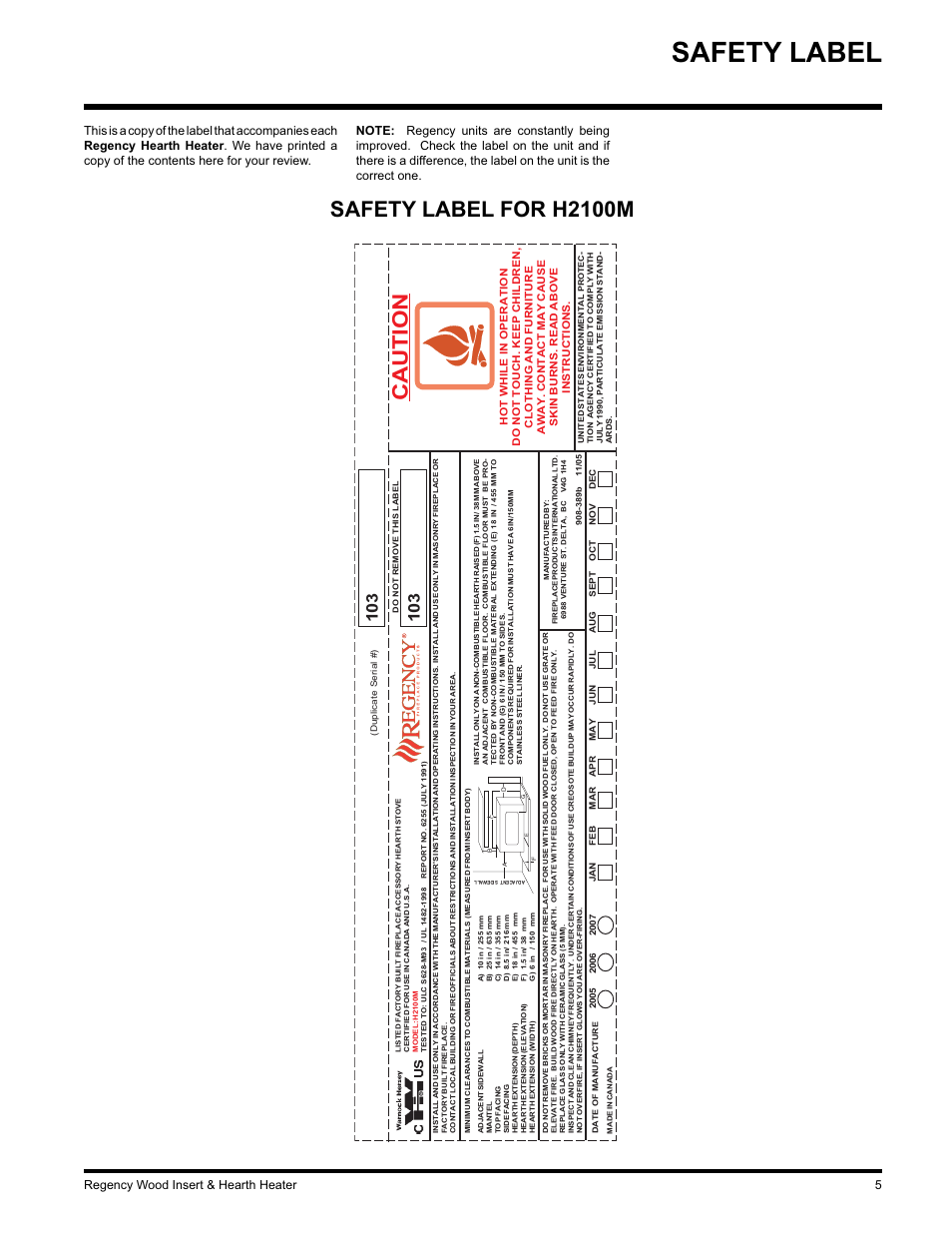 Safety label, Caution, Safety label for h2100m | Regency wood insert & hearth heater 5 | Regency I3100L User Manual | Page 5 / 20