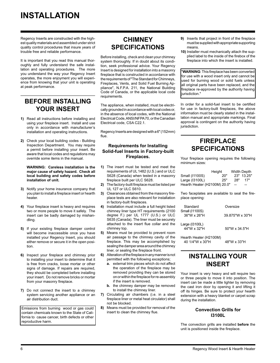 Installation, Chimney specifications, Before installing your insert | Fireplace specifications, Installing your insert | Regency I3100L User Manual | Page 6 / 20