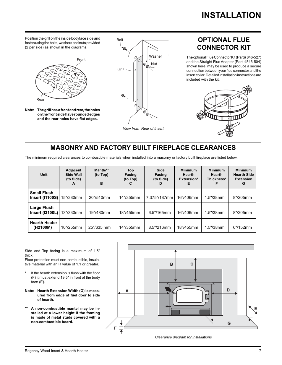 Installation, Masonry and factory built fireplace clearances, Optional flue connector kit | Regency I3100L User Manual | Page 7 / 20