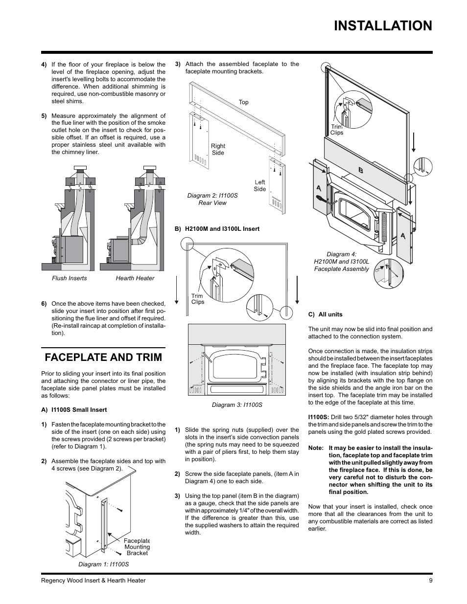 Installation, Faceplate and trim | Regency I3100L User Manual | Page 9 / 20
