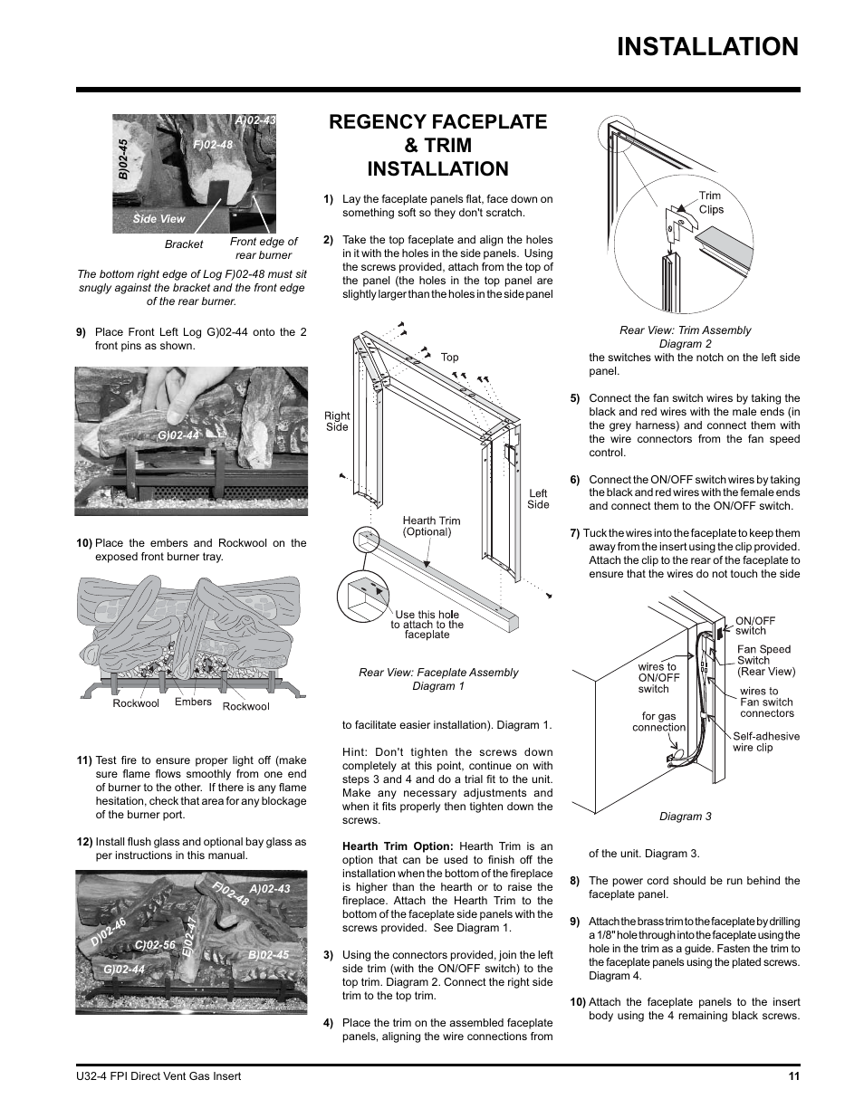 Installation, Regency faceplate & trim installation | Regency NATURAL GAS U32-NG4 User Manual | Page 11 / 40