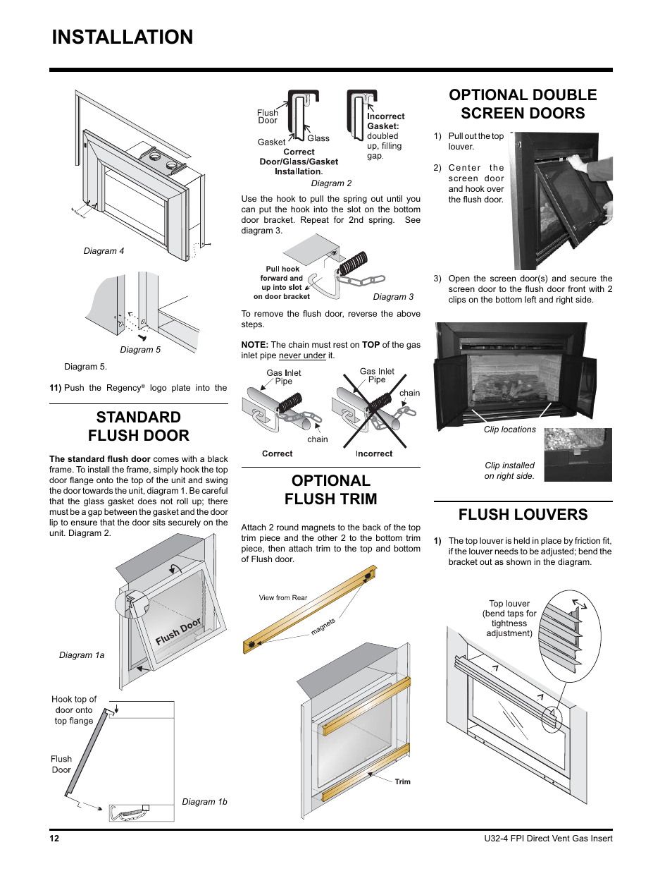 Installation, Optional flush trim, Flush louvers | Standard flush door, Optional double screen doors | Regency NATURAL GAS U32-NG4 User Manual | Page 12 / 40