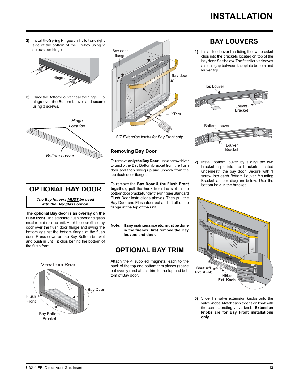 Installation, Bay louvers, Optional bay trim | Optional bay door | Regency NATURAL GAS U32-NG4 User Manual | Page 13 / 40