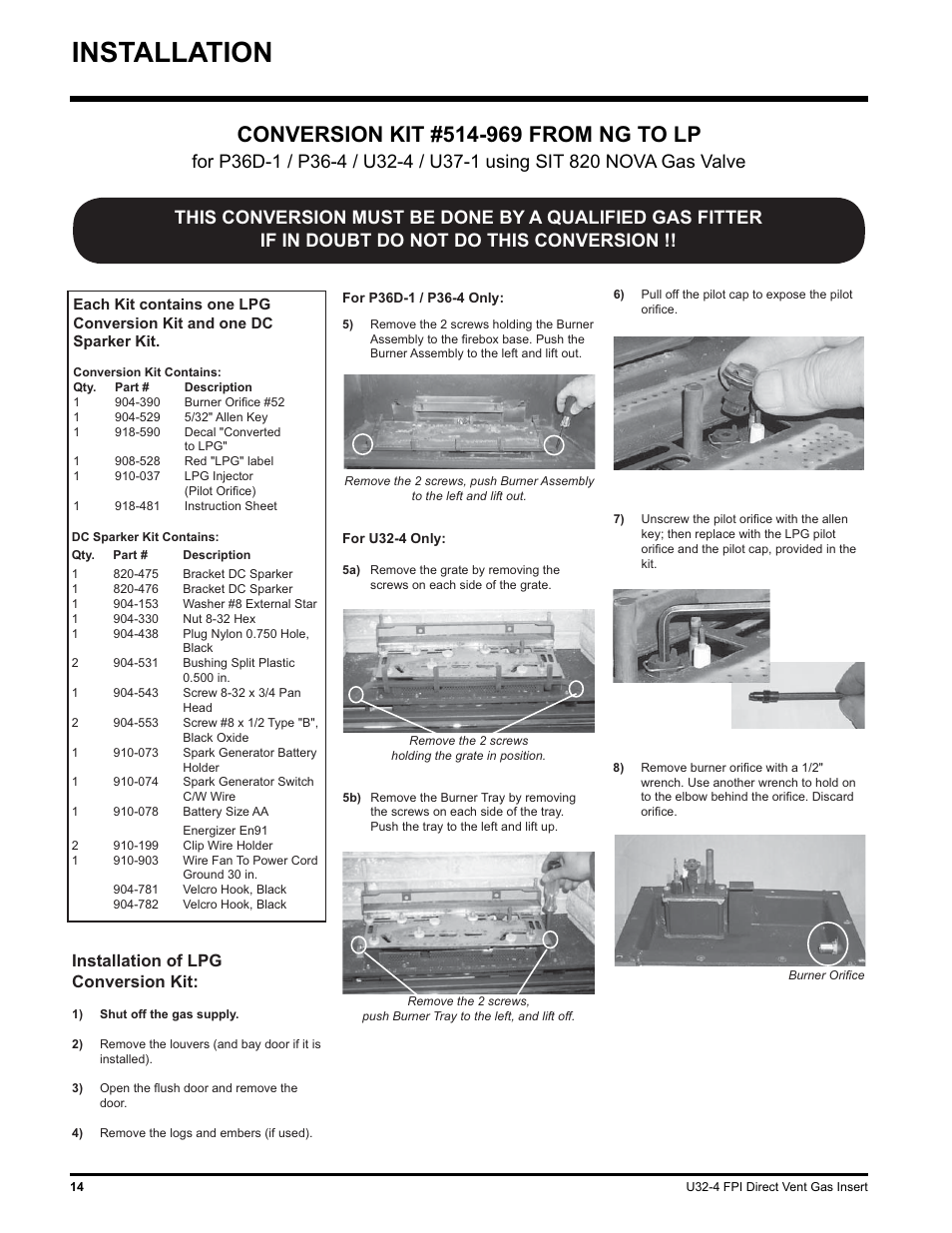 Installation, Installation of lpg conversion kit | Regency NATURAL GAS U32-NG4 User Manual | Page 14 / 40